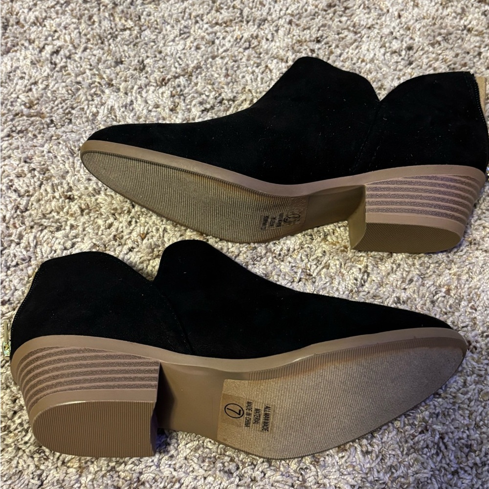 Soda Black Suede Ankle Booties with Tan Stacked Heel